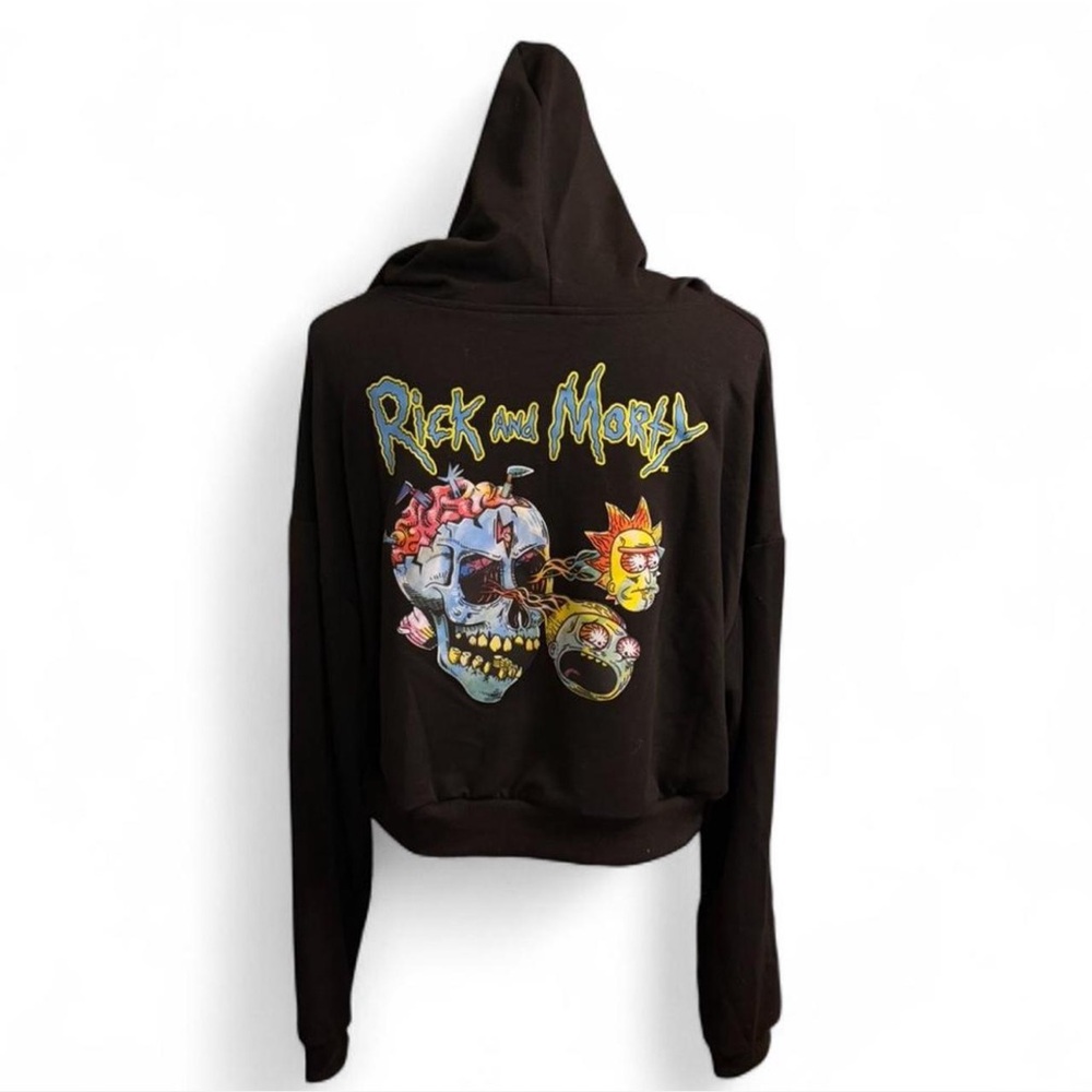 ROMWE Black Rick and Morty Hoodie cropped length size XL nwt punk goth emo alt - Picture 2 of 7